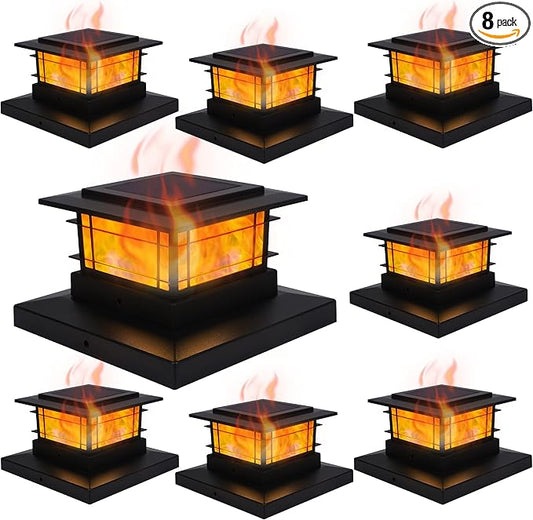 Dynaming 8 Pack Solar Post Cap Lights Outdoor with Flickering Flame Light, Fence Post Solar Lights Fit for 4x4 5x5 6x6 Vinyl/Wooden Posts, High Brightness SMD LED Lighting Decor for Garden Deck Patio