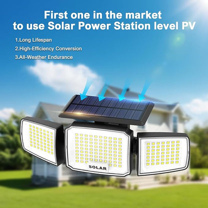 Solar Security Light Outdoor Super Bright LED, Motion Sensor Flood Light, 3 Heads 270° Wide Angle,Remote Control, IP65 Waterproof, 3 Modes (1 Pack)
