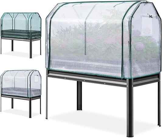 KING BIRD Large Raised Garden Bed with Cover & Netting Galvanized Elevated Planter Box with Legs 48×24×56 in for Backyard, Patio, Balcony, 400lb Capacity, Dark Grey