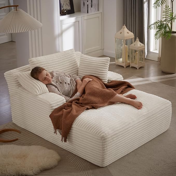 50 Inch Chaise Lounge Chair Indoor, Oversized Corduroy Upholstered Boneless Sofa Bed, Deep Seat Sleeper Couch Reading Chairs, Cloud Sofas Couches for Living Room, No Assembly Required (Beige)