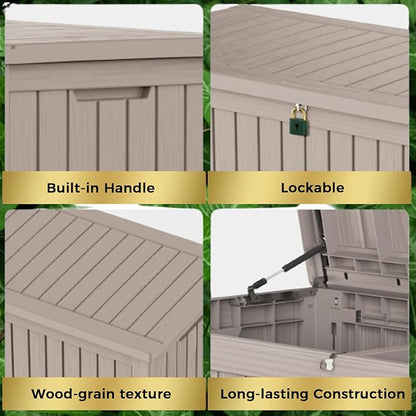TARKARI 180 Gallon Lockable Resin Deck Box, Waterproof & UV-Resistant Outdoor Storage Box for Outdoor Cushion Storage, Garden Tools & Pool Accessories Storage, Gray