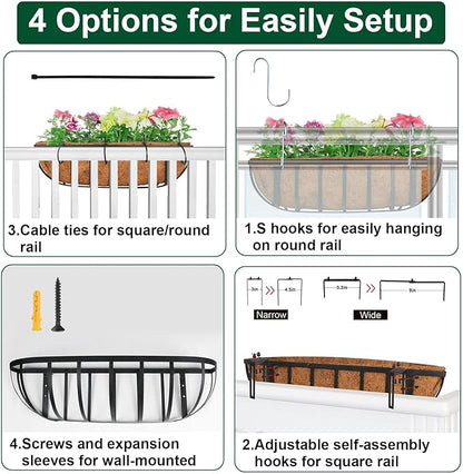 4 Pack 24" Railing Planter Window Box with Coco Fiber Liner Horse Trough Planter The Railing Planter Boxes for Deck Porch Fence Outdoor