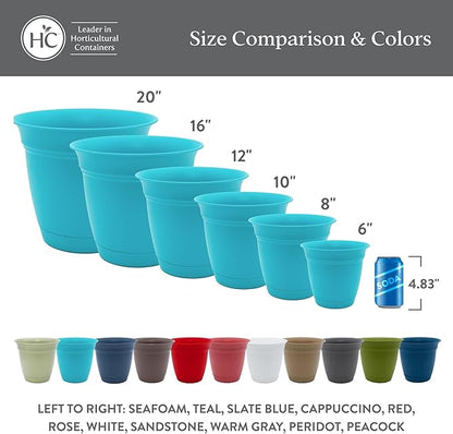 The HC Companies 16 Inch Eclipse Round Planter Pots with Drainage Holes & Attached Saucer, Lightweight UV-Resistant Plastic Indoor & Outdoor Planters, 2-Pack Flower Pots for Garden & Home Decor, Teal