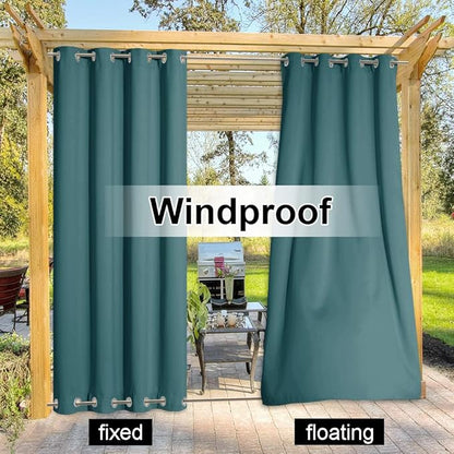 NICETOWN 2 Panels Outdoor Curtains for Patio Waterproof & Windproof, Thermal Insulated Rustproof Top and Bottom Grommet Blackout Outdoor Curtain Drapes for Pergola, W52 by L95, Teal