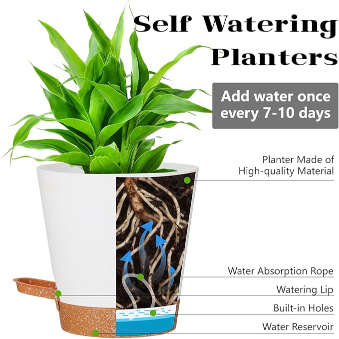 Plant Pots Outdoor Self Watering Pots, Flower Pots with Drainage Hole and Reservoir White Plastic Planters for Indoor Plants Home Decorations Gift Idea 5Pack