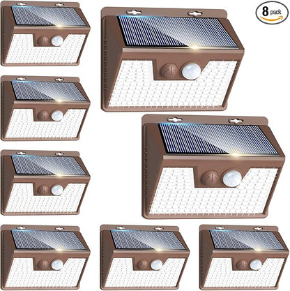 Peasur Brown Solar Lights Outdoor Motion Sensor 8 Pack, Ultra-Bright 3 Mode 140LED Fence Security Light Waterproof, Solar Wall Lighting for Patio Yard Step House Outside Cool White
