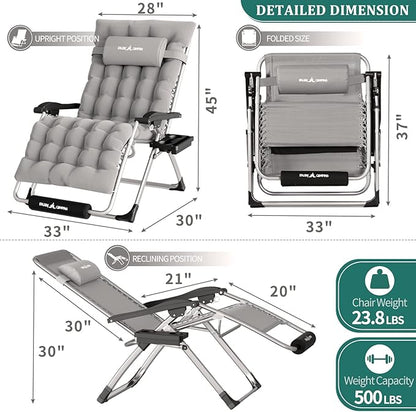 UDPATIO Oversized Zero Gravity Chair 33In XXL Lounge Chair with Removable Cushion |Pillows, Outdoor Folding Reclining with |Cup Holder |Foot Rest |Lock,Reclining Patio Chairs Grey, Support 500LB
