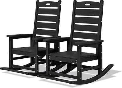 SERWALL Outdoor Rocking Chair Set of 2, Oversized Rocking Chair with Footboard for Adults, HDPE All Weather Resistant Rocking Chairs for Patio, 350lbs Weight Capacity, Black