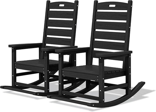 SERWALL Outdoor Rocking Chair Set of 2, Oversized Rocking Chair with Footboard for Adults, HDPE All Weather Resistant Rocking Chairs for Patio, 350lbs Weight Capacity, Black