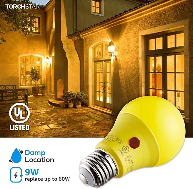 TORCHSTAR Yellow Dusk to Dawn Light Bulbs Outdoor, Sensor A19 LED Light Bulb, Auto On/Off Photocell Automatic for Outdoor Lighting, UL FCC DOE, 2700K, Pack of 4
