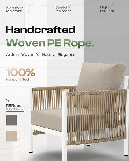 Aluminum Outdoor Sofa Armchair, HDPE Rope Patio Couch with Washable Thick Cushion, All-Weather Outdoor Patio Chairs Set of 2 for Balcony, Yard, White Frame, Ivory