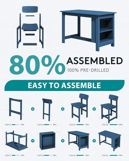 SERWALL 10-Piece HDPE Counter Height Dining Table Sets with Storage and Wine Rack, 2 Rectangular Bar Table with Bar Stools Set of 8 for Garden, Backyard, Kitchen, Blue