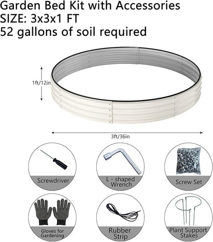 Galvanized Metal Planter Round Raised Garden Bed Kit for Gardening Outdoor，3x3x1ft 2PC Grow Garden Box Raised Flower Bed，Round Galvanized Planter Outdoor Large Metal Fire Pit Ring White