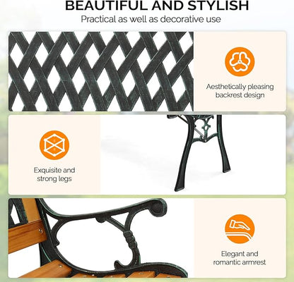 VINGLI Outdoor Bench Metal Garden Bench, Wood Patio Benches w/PVC Backrest Cast Iron Love Seat Park Benches for Porch Yard (Diamond)