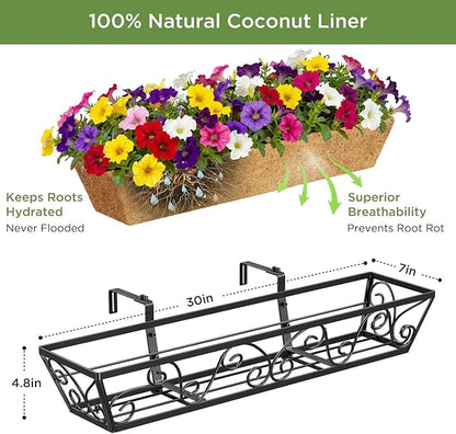 Y&M 30 Inch Butterfly Window Deck with Coco Liner, Fence Metal Hanging Flower Planter Window Basket Deck Railing Planter Boxes for Outdoor Garden Lawn 2pcs