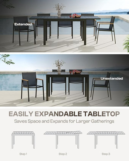 Outdoor Aluminum Patio Dining Table Set for 6-8 Person, Expandable Outdoor Table and 6 Chairs with Textilene Fabric & HDPS Armrest, All-Weather Patio Furniture Set for Yard, Garden, Gray