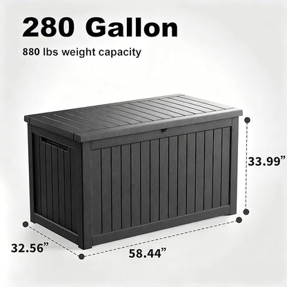 DRATO 280 Gallon Deck Box, Outdoor Large Waterproof Resin Storage Box with Lockable Lid for Patio Cushions, Gardening Tools（Black，280 Gallon）