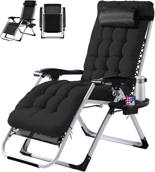 VINGLI Padded Zero Gravity Chair, Lounge Chair with Removable Cushion & Tray， Folding Reclining Patio Chairs， Recliner Chair for Lawn，Indoor Outdoor-Black