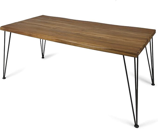 Christopher Knight Home Kama Patio Dining, Rectangular, 72", Acacia Wood Table Top, Rustic Iron Hairpin Legs, Teak Finish, Metal