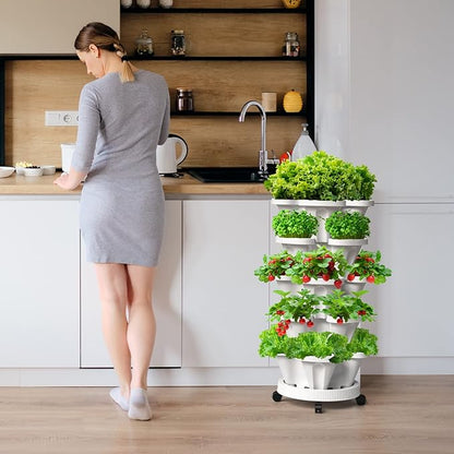 Strawberry Vertical Planters, 7 Tiered Stacking Tower Garden with Support Pole, Stackable Herb Vegetable Planters Indoor and Outdoor - White