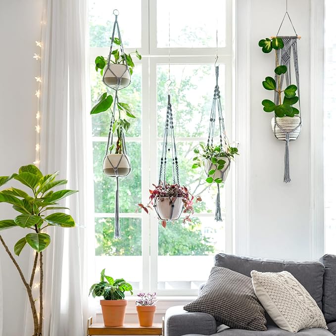 Mkono Macrame Plant Hanger Indoor Hanging Planter Basket with Wood Beads Decorative Flower Pot Holder No Tassels for Indoor Outdoor Boho Home Decor 35 Inch, Grey, Set of 2 (POTS NOT Included)