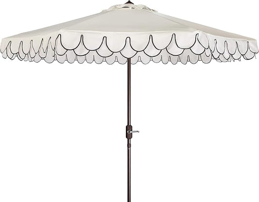 SAFAVIEH 9ft Outdoor Patio Umbrella, Round, Valance, Ivory & Black Trim, Auto Crank Tilt, UV Resistant for Deck, Backyard, Poolside (PAT8006E)