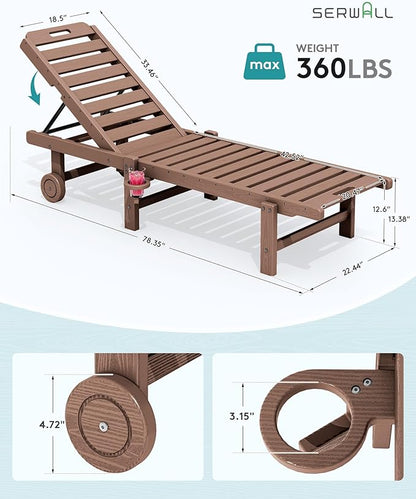 SERWALL Outdoor Chaise Lounge Set of 2, All-Weather HDPE Pool Lounge Chairs with 5-Position Adjustable Reclining Backrest, Rolling Wheels & Cup Holder for Poolside, Brown