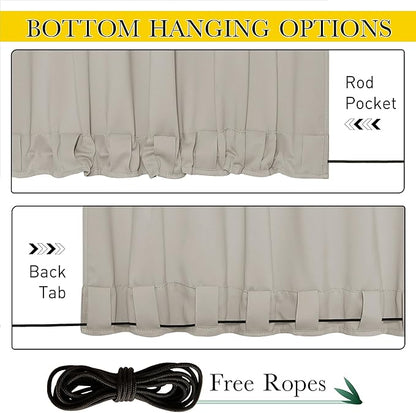 NICETOWN 2 Panels Privacy Outdoor Curtains for Patio Waterproof, Thermal Insulated Windproof Pocket & Back Tab on Top and Bottom Light & Cold Blocking Drapes with Fixed Rope for Porch, W52 x L108