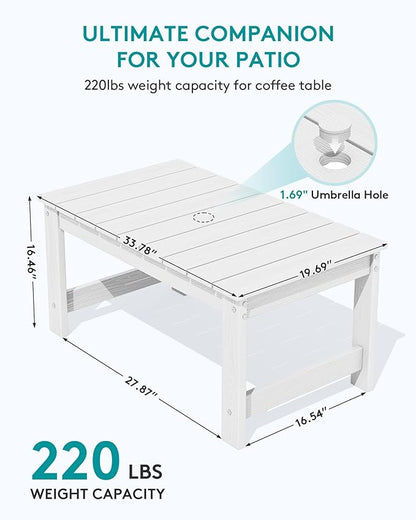 SERWALL Outdoor Coffee Table with 1.69" Umbrella Hole, HDPE Patio Coffee Table for Outside, Rectangle, White
