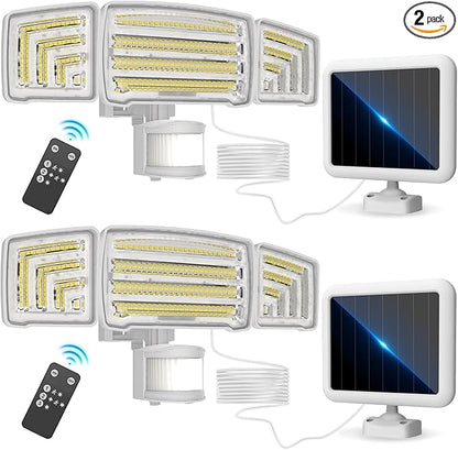 Energetic Solar Outdoor Lights, 1800LM 150 LED Security Motion Sensor Outdoor Lights with Remote Control, IP65 Waterproof Floodlight, 3 Head Motion Detected Spotlight for Garage, Pack of 2 (White)