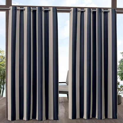 Exclusive Home Canopy Stripe Indoor/Outdoor Grommet Top Curtain Panel, 54"x96", Navy / Sand, Set of 2