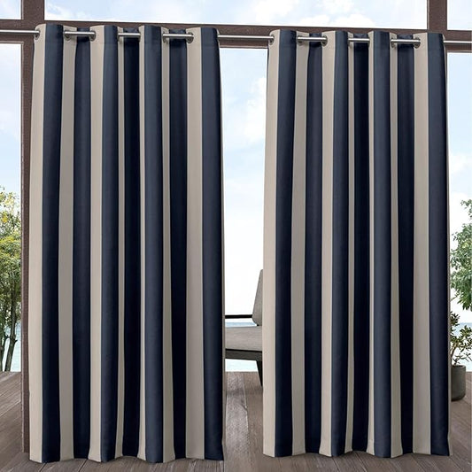Exclusive Home Canopy Stripe Indoor/Outdoor Grommet Top Curtain Panel, 54"x84", Navy / Sand, Set of 2