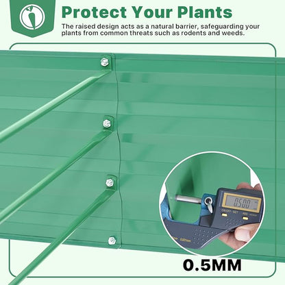 ONCEMORE Galvanized Raised Garden Bed for Vegetables Flowers Herbs, Metal Raised Garden Bed Kit with 2 PCS Tomato Cage, Gloves, Trellis Netting, Plant Labels, Plant Ties, Green 8×4×1FT