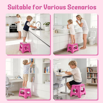 ACSTEP Folding Step Stool 11 Inch, Sturdy Plastic Foldable Step Stool for Kids & Adults, Non Slip Lightweight Collapsible Foot Stools Holds 300 lbs, Ideal for Kitchen, Bathroom, Bedroom, Rose red