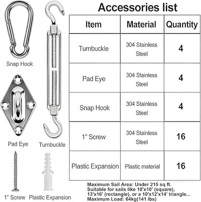 yofit 44 Pcs Shade Sail Hardware Kit, 6 Inch Outdoor Sun Sail Accessories, 304 Stainless Steel Turnbuckles & Brackets for Triangle/Rectangle Sails, Patio Canopy Installation Hardware Set Waterproof