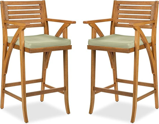 Best Choice Products Set of 2 Outdoor Acacia Wood Bar Stools Bar Chairs for Patio, Pool, Garden w/Weather-Resistant Cushions - Sage