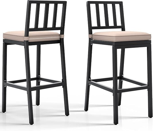 YITAHOME Outdoor Bar Stools Set of 2, Cushioned Metal Outdoor Bar Stools w/Vertical Stripe Back, All-Weather Patio Bar Stools for Balcony Backyard Porch Poolside