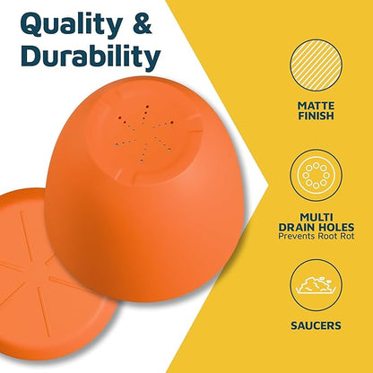 Yellow Plant Pots with Drainage Holes & Saucers 5 Pack, Indoor & Outdoor Stackable Space-Saving Planters for Houseplants & Flowers, (7", 6.7", 6", 5.3", and 4.8" Inches), Durable & Weatherproof