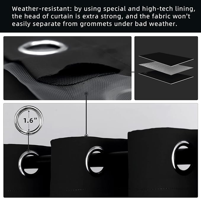 DIVA EN CAMINO DEC Outdoor Patio Curtain Waterproof Darkening Thermal Insulated Indoor Curtains for Bedroom, Porch, Living Room, Pergola, Cabana, W52 x L63, Black, Set of 2 Panels