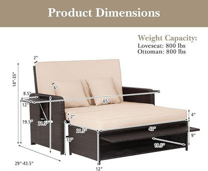 Nightcore Wicker Patio Outdoor Daybed, Outdoor Chaise Lounger w/ 4-Level Adjustable Backrest, Retractable Side Trays, Storage Ottoman, Comfortable & Removable Cushions, Rattan Loveseat (Beige)