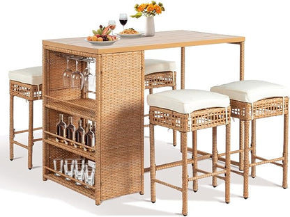 Outvita 5-Piece Outdoor Bar Set, Wicker Rattan Bar Height Patio Set w/4 Cushion Bar Stools & Table with Hidden Storage, Outdoor High Top Table and Chairs Set for Backyard, Balcony, Garden and Poolside