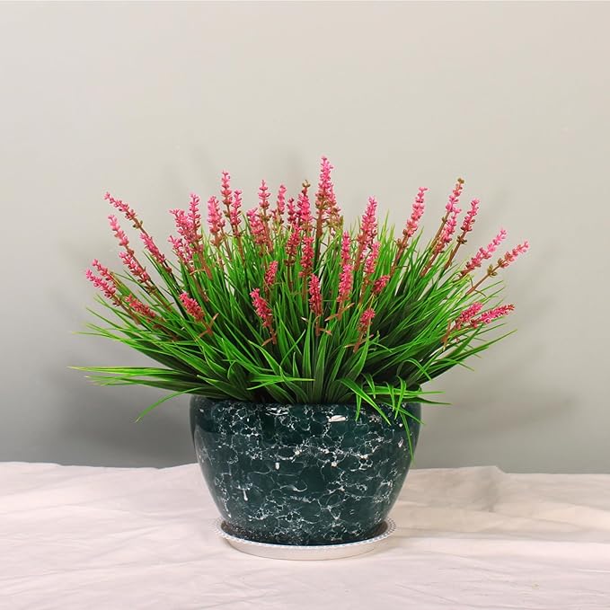 alyptus 12 Bundles Artificial Plants Outdoor Fake Monkey Grass with Flowers for Pot Garden Verandah Decor (Pink Flowers)