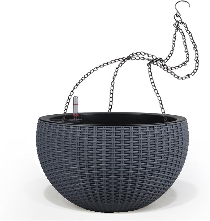 Dexceder 13.5 Inch Large Self Watering Hanging Planters Indoor Outdoor, Thickened Hanging Basket Flower Plant Pot with Water Level Indicator (Gray)