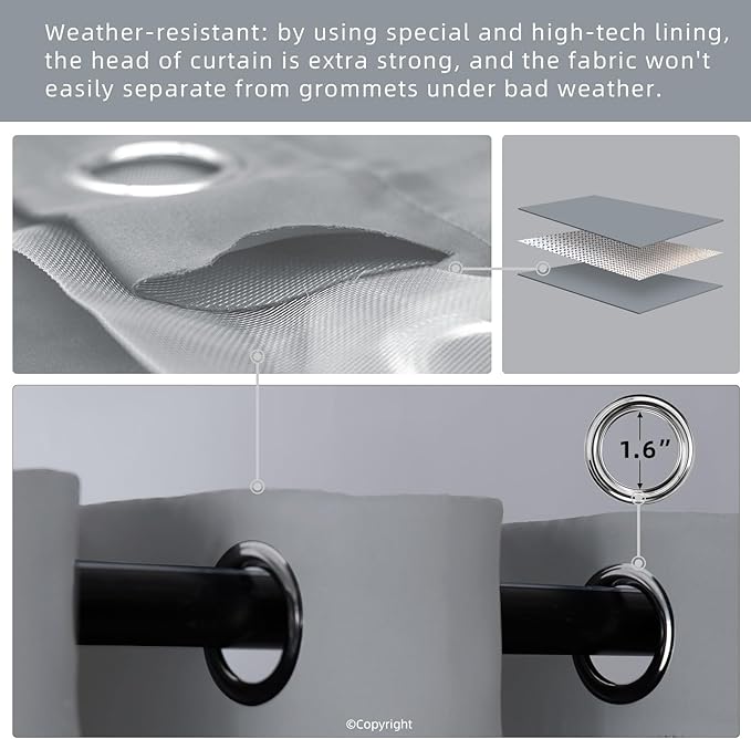 Outdoor Indoor Curtains W52 x L108 for Patio - Weather-resistant Window Panels Privacy Protect Grommet Top Thermal Insulated Home Curtain for Porch Pergola Garden (Light Gray, 2 Panels)