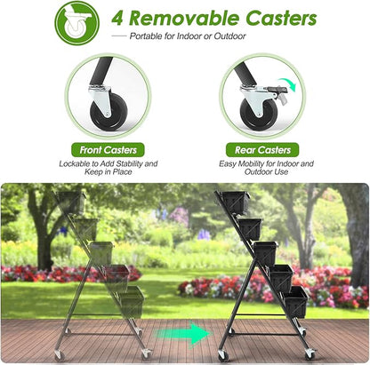 Suyncll Vertical Raised Garden Bed Planter Box, 5 Tiers Vertical Garden Planter with Drainage System and 4 Hooks for Plants Vegetables Flowers (Black with Wheels)