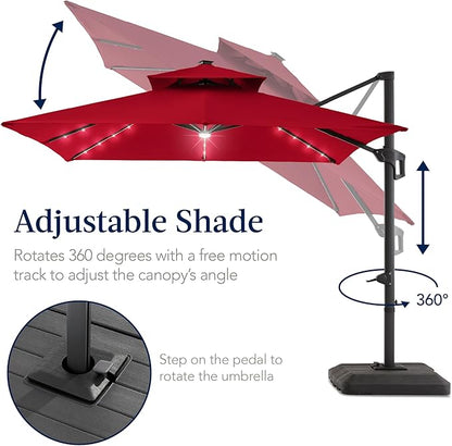Best Choice Products 12x12ft LED Cantilever Patio Umbrella w/Base Included & 360° Rotation, Large Solar Offset Hanging Outdoor Sun Shade for Deck, Backyard Table w/Stand & Lights – Red