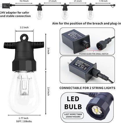 Outdoor String Lights 50FT, Outdoor Lights for Patio with 20 Dimmable RGBW LED Bulbs, IP66 Waterproof Shatterproof, with APP Control & Remote, 24V Adapter Color Change,for Backyard Decor