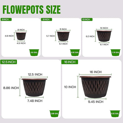 4 Pack 9 Inch Retro Plant Pots, Vintage Striped Flower Pots with Drainage Hole & Saucer, Large Plastic Planters for Indoor and Outdoor Plants, Decorative Garden Pots(Copper)