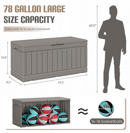 JUMMICO 78 Gallon Outdoor Deck Box Large Resin Storage Box for Patio Furniture Cushions and Garden Tools (Light Brown)