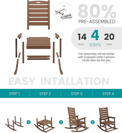 SERWALL Outdoor Rocking Chair Set of 4, Oversized HDPE Patio Rocking Chair with Footrest for Adults, All Weather Porch Rocker for Deck Patio Balcony, Brown